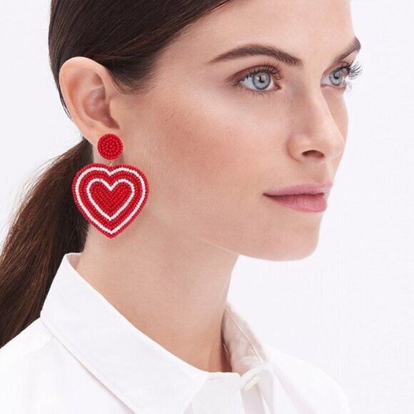 J Crew Women's Beaded Red Heart Elegant Earrings Hypoallergenic‎ Party Prom - Picture 2 of 4